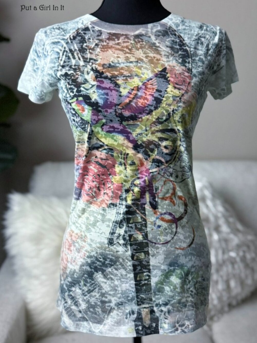 Vocal Apparel women's sublimation burnout guitar hummingbird shirt s m l western